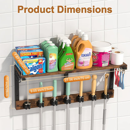 Housolution Wall Mount Broom Holder Hanger Laundry Room Storage Shelves | Thickened Metal Frame, 100 LBS High Load-Bearing, Large Capacity, Multifunctional with 7 Grippers & 8 Hooks