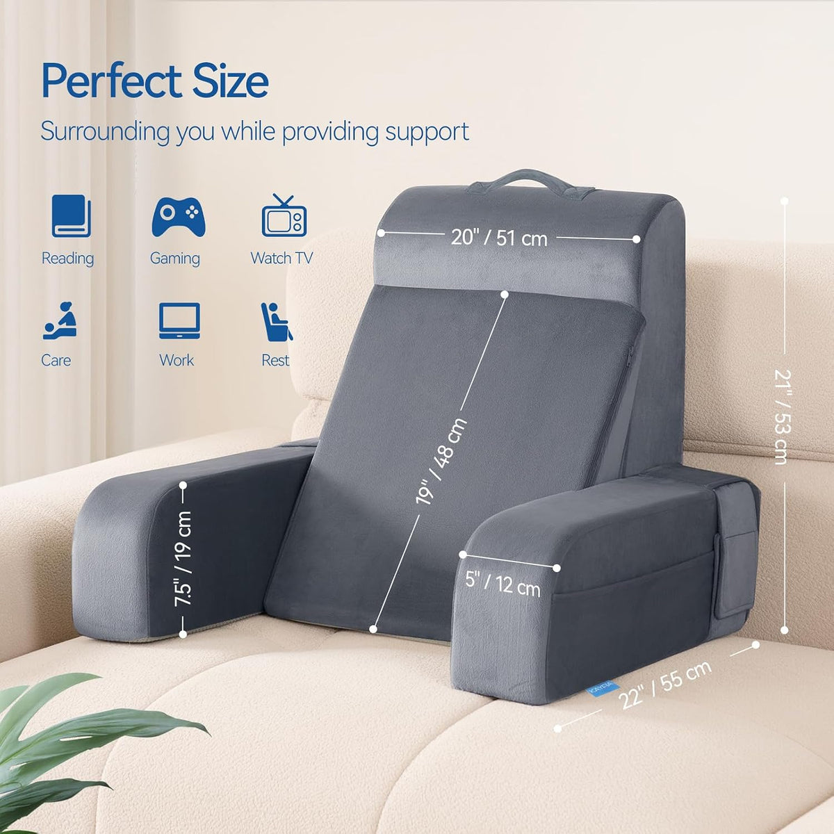Kayfia Reading Pillow, Gel Memory Foam Back Rest Pillow, 19", Gray