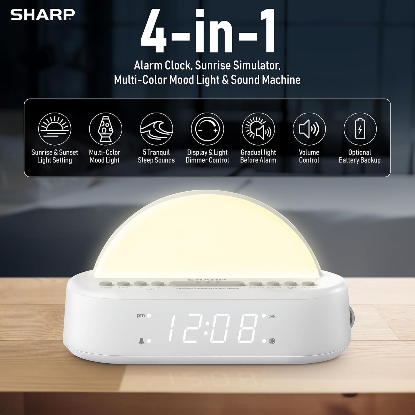 SHARP Sunrise Alarm Clock with Wake-Up Light, Sleep Sounds and Night Light | Sunrise wake light; Sunset sleep timer; 5 sleep sounds; 8-color night light; Dimmer; Snooze; Battery backup