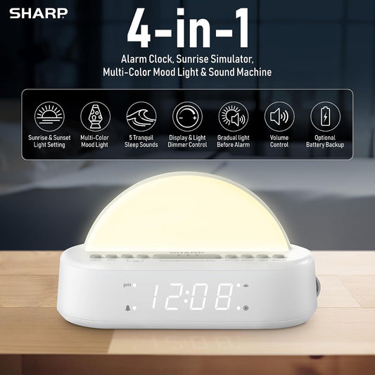 SHARP Sunrise Alarm Clock with Wake-Up Light, Sleep Sounds and Night Light | Sunrise wake light; Sunset sleep timer; 5 sleep sounds; 8-color night light; Dimmer; Snooze; Battery backup
