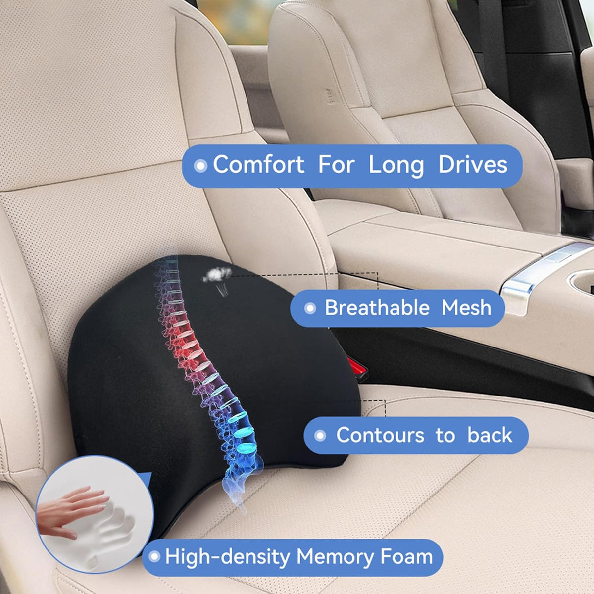 Super Cozy Lumbar Support Pillow for Car/Office Chair, 100% Memory Foam