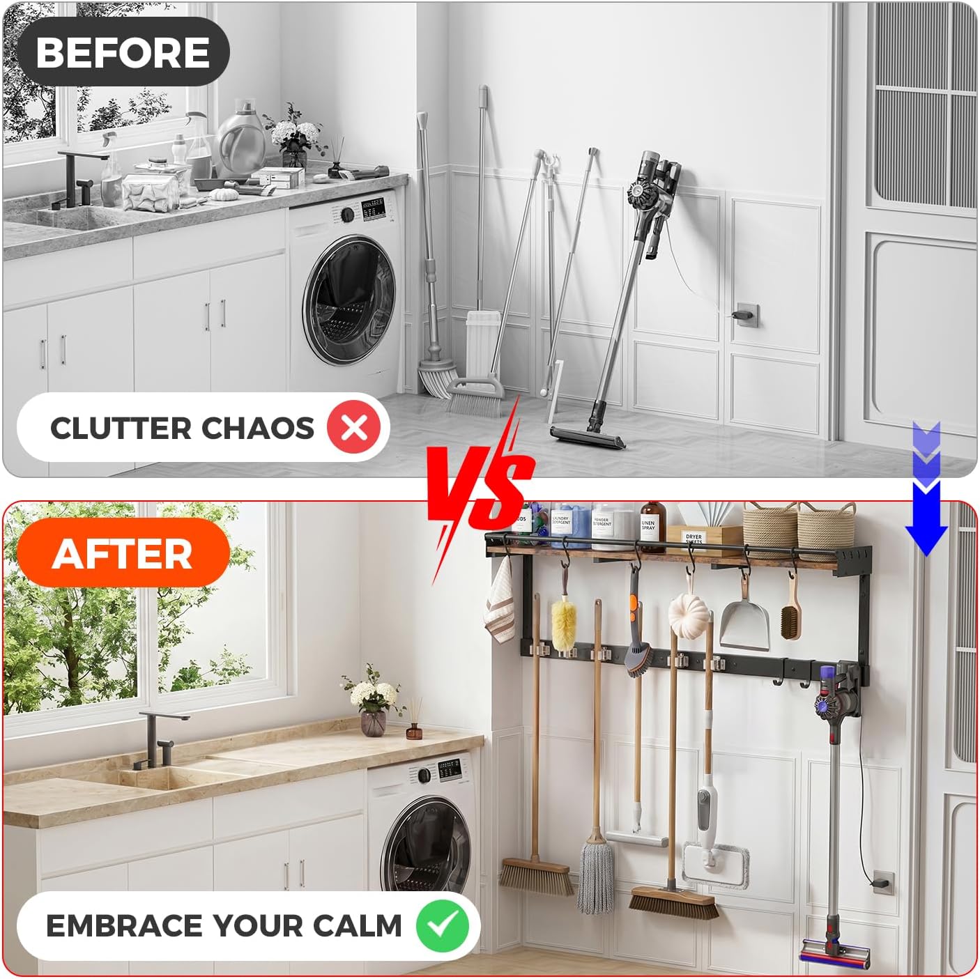 Broom Holder Wall Mount with Shelf, Black, L | 3 in 1 Broom and Mop Organizer, Wall Hanging, For Laundry, Garage, Utility, Vacuum Stand Alternative