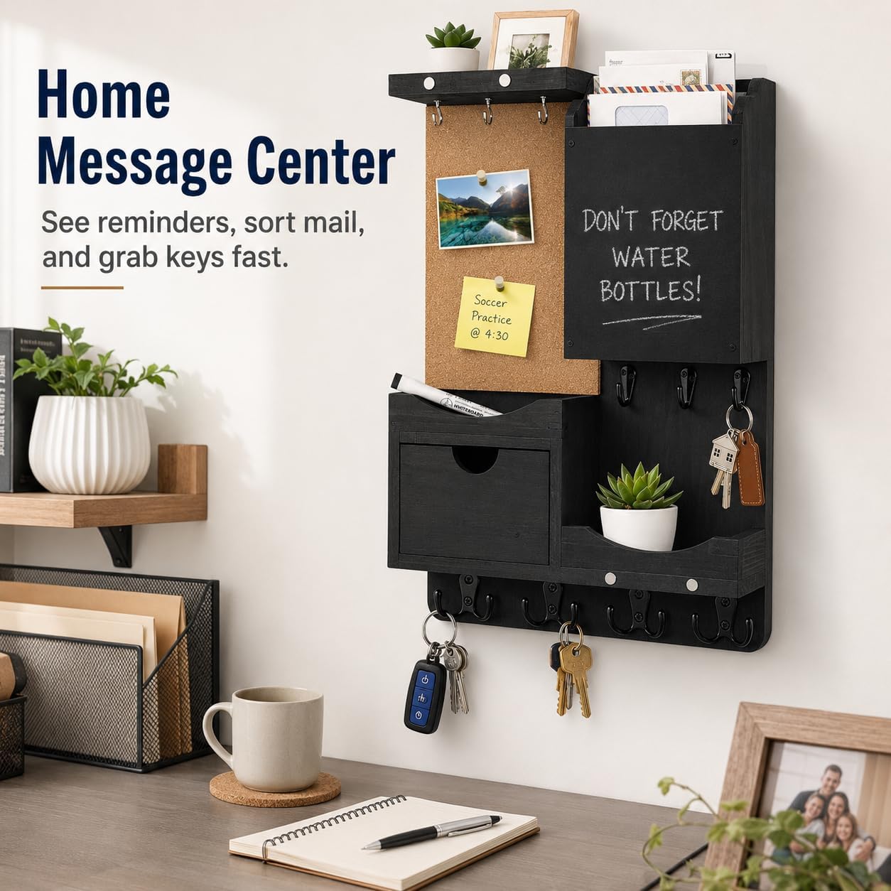 Key Holder for Wall Mount with Shelf and Mail Organizer, Key and Mail Holder with 16 Hooks, Farmhouse Entryway Organizer, Home Decor Rack (Pine Wood, White Washed)