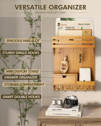 Rebee Vision Key Holder Wall Mount with Drawer Organizer for Entryway,Brown | Pine Wood, 6 Key Hooks, Display Shelf for Plants, Mail Slot for Storage Letter, Multi-Funtional Design, Home Storage