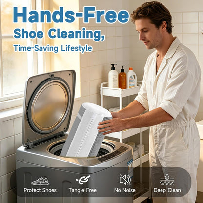 2PCS XXL Shoe Washing Machine Bag with Adjustable Shoes Trees - Heavy Duty Reusable Shoe Laundry Bag for Washer and Dryer - 360° Deep Clean & Protect Chenille Microfiber Sneakers Wash Bags - White