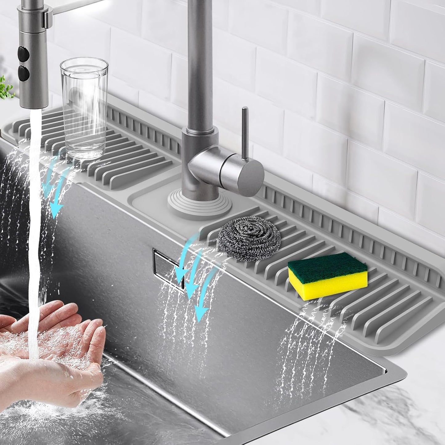 17.7-Inch Kitchen Sink Splash Guard Mat | 7° Slope for Fast Self-Draining | Snap-Lock Design | Universal & Cuttable Silicone Faucet Mat Gray