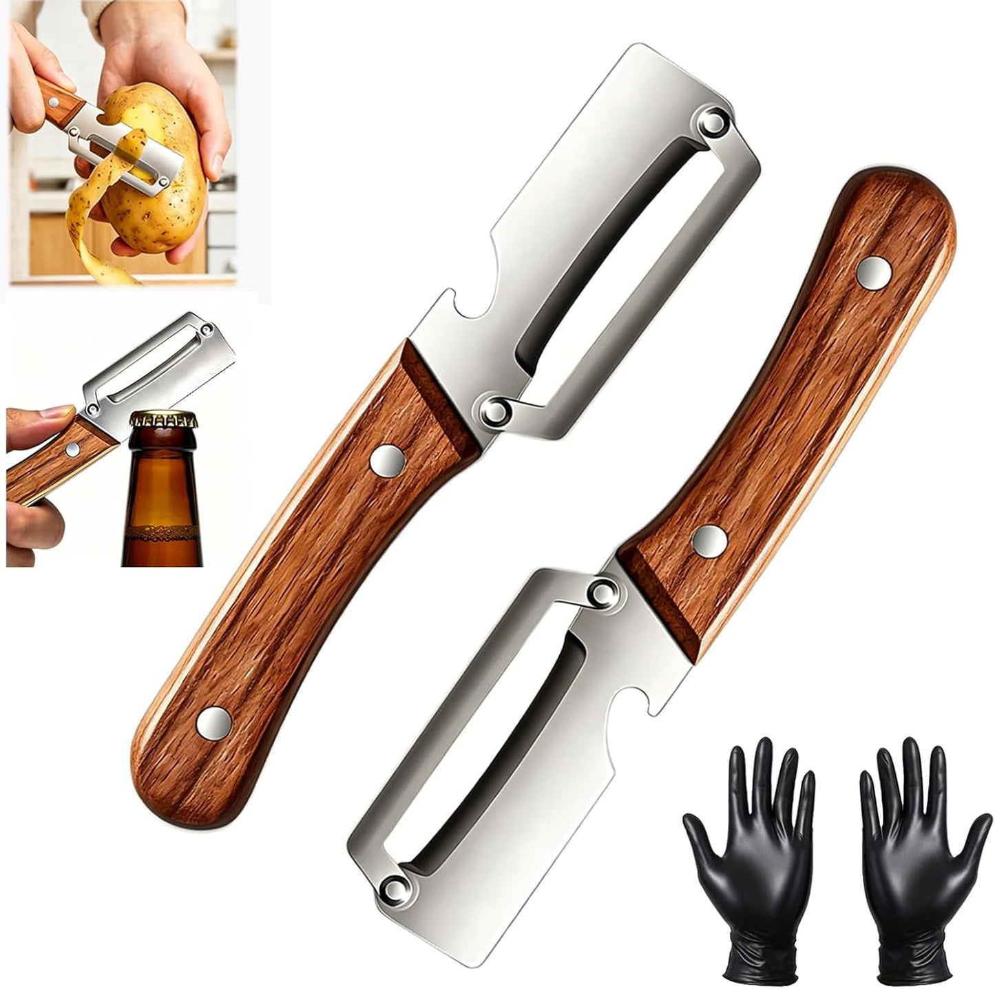Multi-Functional Vegetable Peeler for Kitchen with Wooden Handle and Bottle Opener, 2 in 1 Stainless Steel Veggie Peeler Kitchen Gadgets Tool for Fruit Potato Pumpkin Apple Carrot Papaya