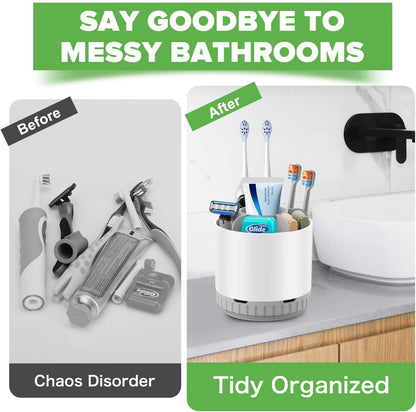 GFWARE Rotating Silver Toothbrush Holder for Bathroom Organizer, Drainage | Detachable 6 Slots Kids Electric Toothbrush and Toothpaste Holder, Bathroom Countertop Sink Storage Caddy