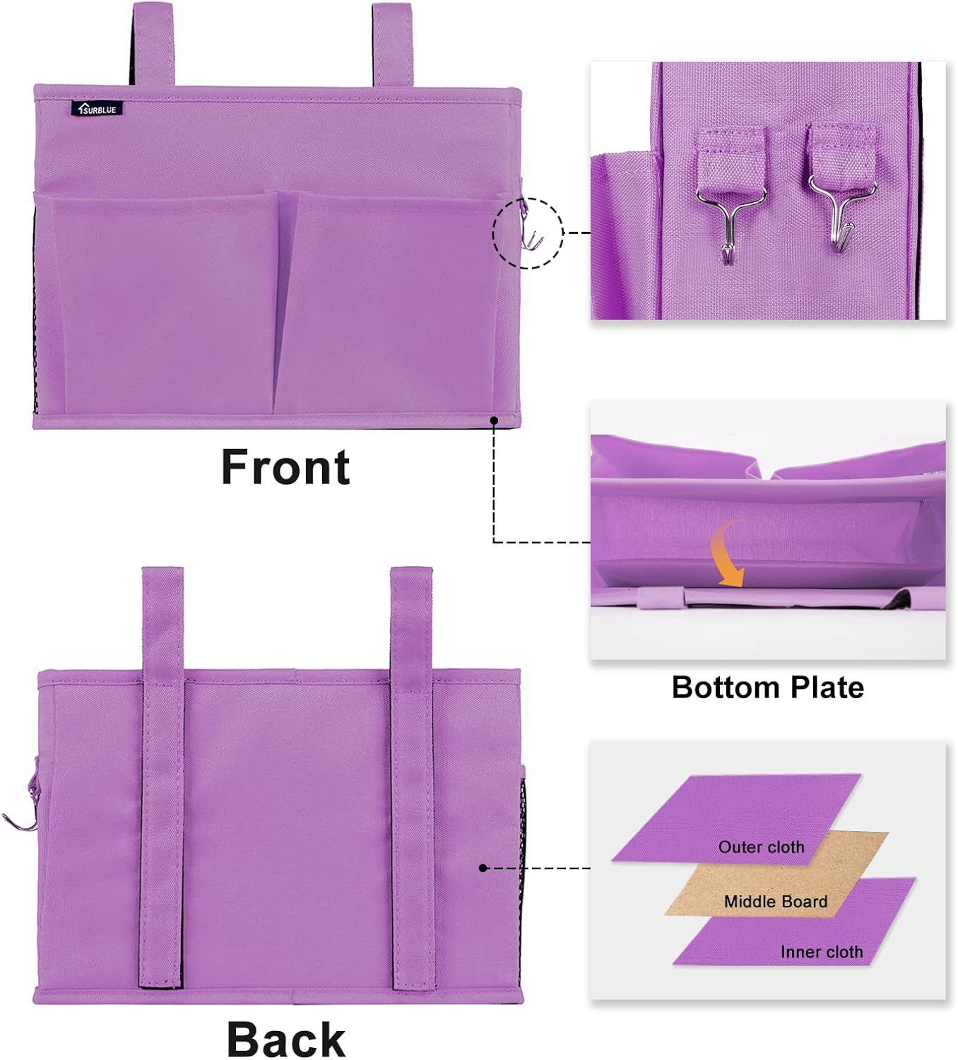 Surblue Bedside Caddy Hanging Organizer Storage Bag Pocket for Bunk, Hospital, College Dorm Rooms, Baby Bed Rails, Camp - 4 Pockets, 2 Hooks (Blue)