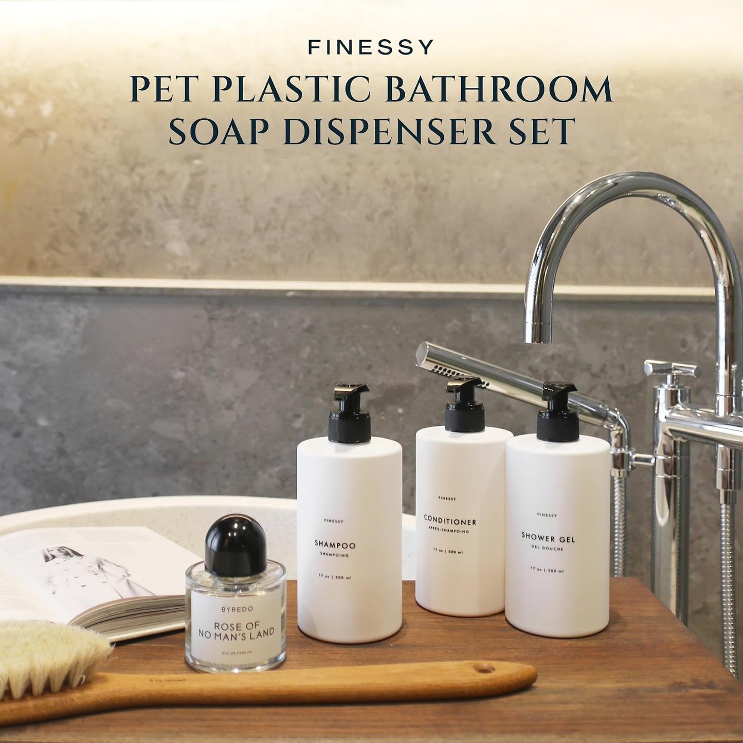 FINESSY Amber Shampoo and Conditioner Dispenser for Shower Wall No Drill | 3 Plastic 17oz Fillable Shower Bottles With Labels. Shower Shampoo Dispenser Wall Mounted. Airbnb Empty Soap Pump Bottles.