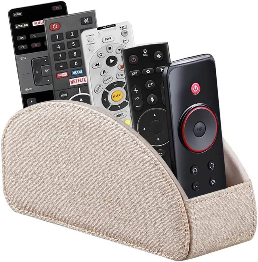 PU Leather Remote Control Holder with 5 Compartments - Storage Tray & Desktop Organizer for TV Remotes,Glasses,Pens,Accessories - Space-Saving Design for Bedside Table & Office Desk (Black)