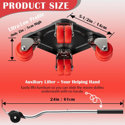 Heavy Duty Furniture Movers with 5-Wheel Dollies, Furniture Dolly Set with Lifter & Base, 360° Swivel Casters, Non-Slip Pads, Up to 2000 lbs Load Capacity
