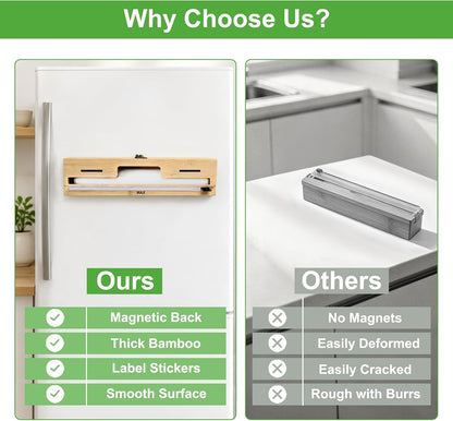 MSJGA Magnetic Plastic Wrap Dispenser with Cutter for Drawer&Refrigerator | 3 in 1 Fridge Bamboo Organizer for Tin Foil, Baking Paper, Wax Paper Holder Kitchen Storage Box Compatible,13" x 8.2" x 2.7"