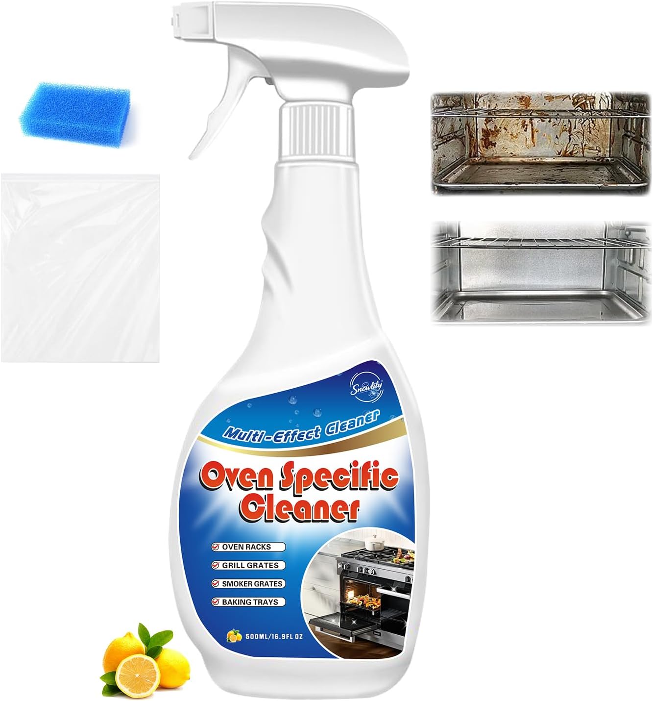 Snowlily Oven Rack & Grill Cleaner Spray, 16.9 Fl Oz, Multi-Purpose Heavy Duty Degreaser, Eliminates Thick Grease & Build-Up, Lemon Scent