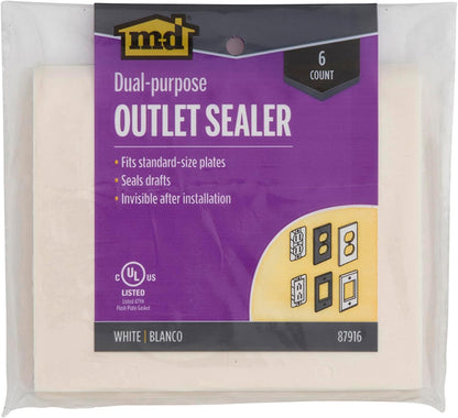 MD Building Outlet Sealers for Standard & GFCI Outlets, White, 6pk | Dual-Purpose Insulation, Draft Blocking Gasket, Energy Saving, Indoor Outdoor Use, Fits Standard Plates