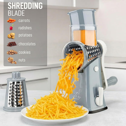 Zulay Kitchen Rotary Cheese Grater 5 Blade Cheese Shredder - Manual Hand Crank Cheese Grater With Reinforced Suction & 5 Interchangeable Drums - Easy to Use, Vegetable Chopper Round Mandoline Slicer - Colors B