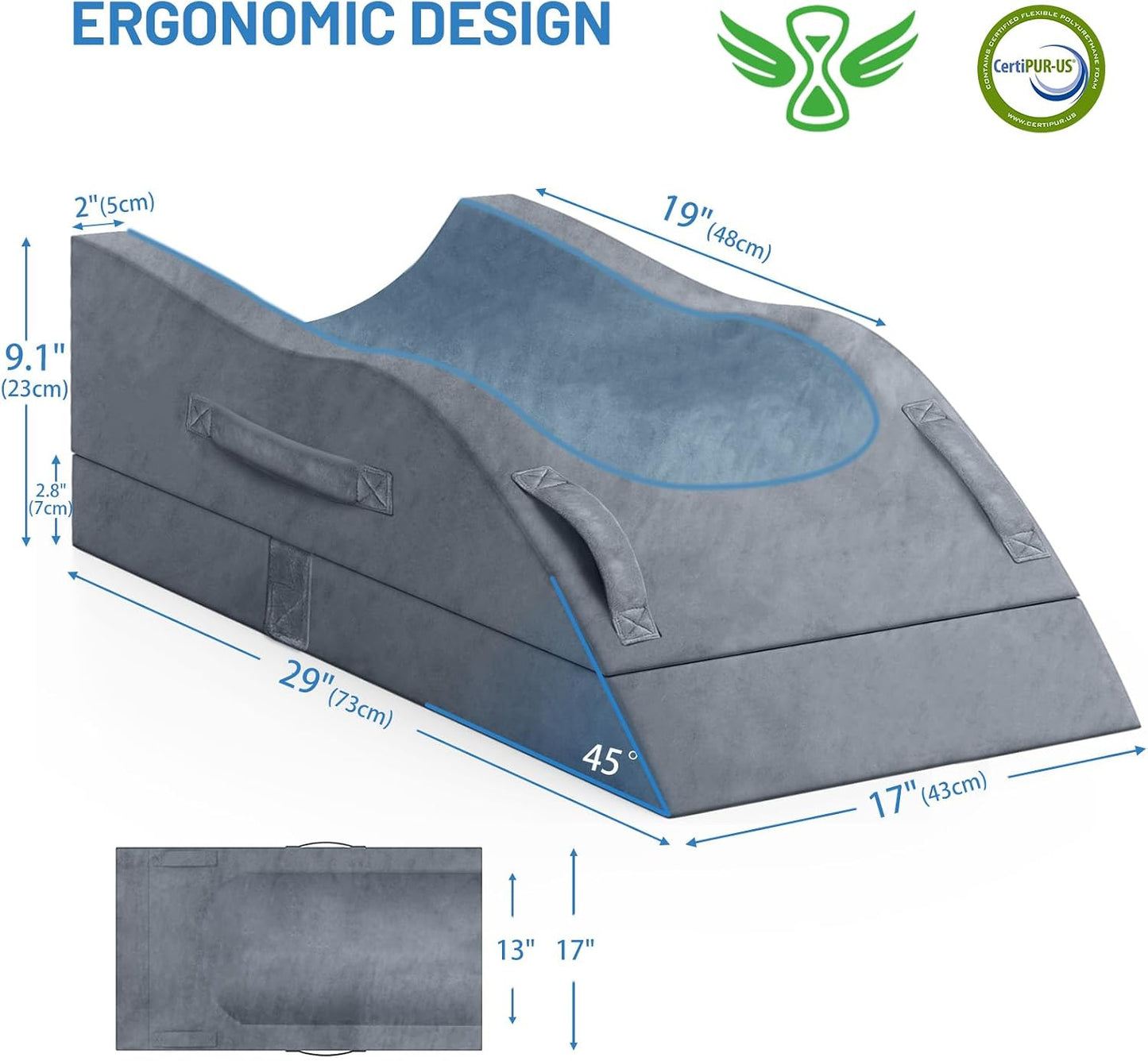 TranquilRelax Leg Elevation Pillow for After Surgery, Wedge Pillow, Grey | Single-leg design, adjustable height, U-shaped cradle, supportive memory foam, washable cover, leg elevation for swelling