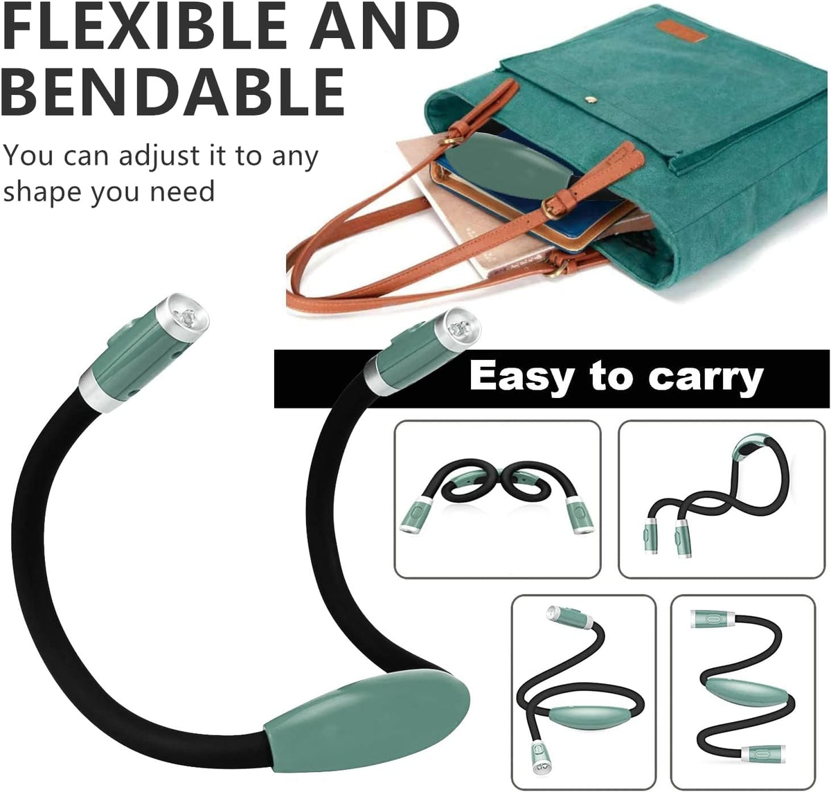 Rechargeable 4 LED Neck Reading Light, Book Lights for Reading in Bed, 3 Brightness Levels, Bendable Arms, Long Lasting. Perfect for Reading, Craft & Knitting (Army Green)