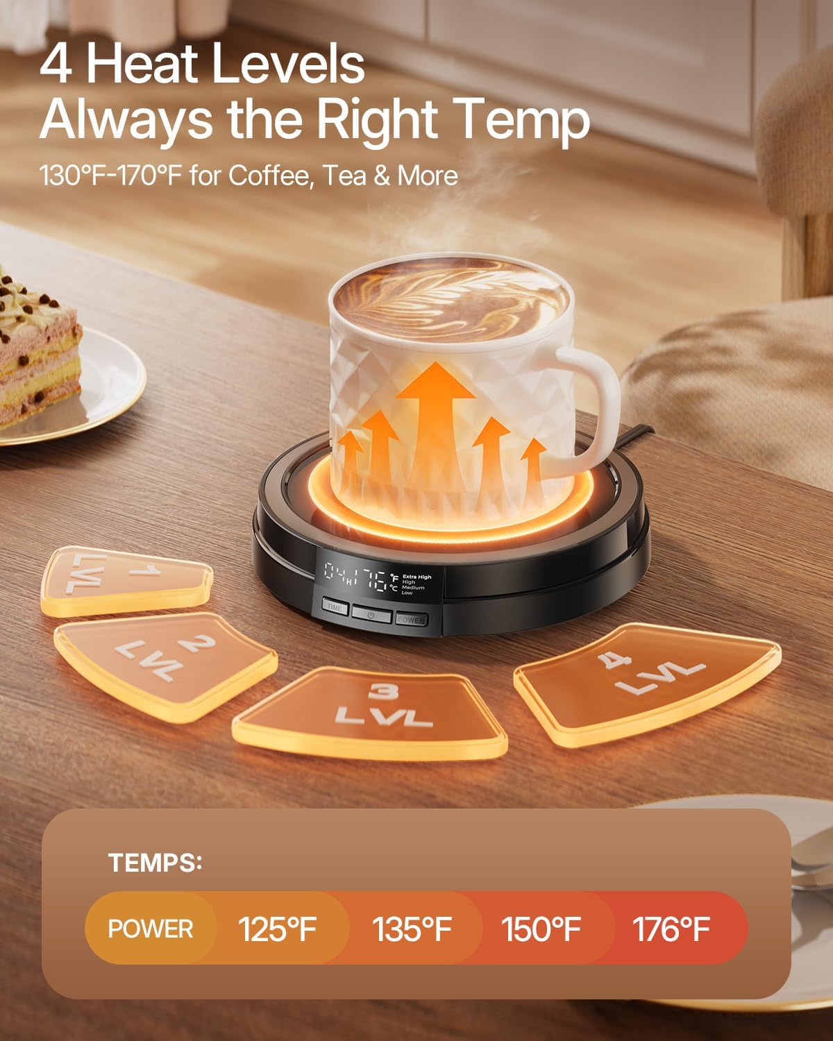 Coffee Mug Warmer for Desk, 50W, Cup Warmer 4 Temps & Timer - Wood | Smart Display; 12H Timer; Auto Shut Off; Fast Heating; Easy-Clean; Candle Warmer Plate; UL Certified Gift for Coffee Lovers