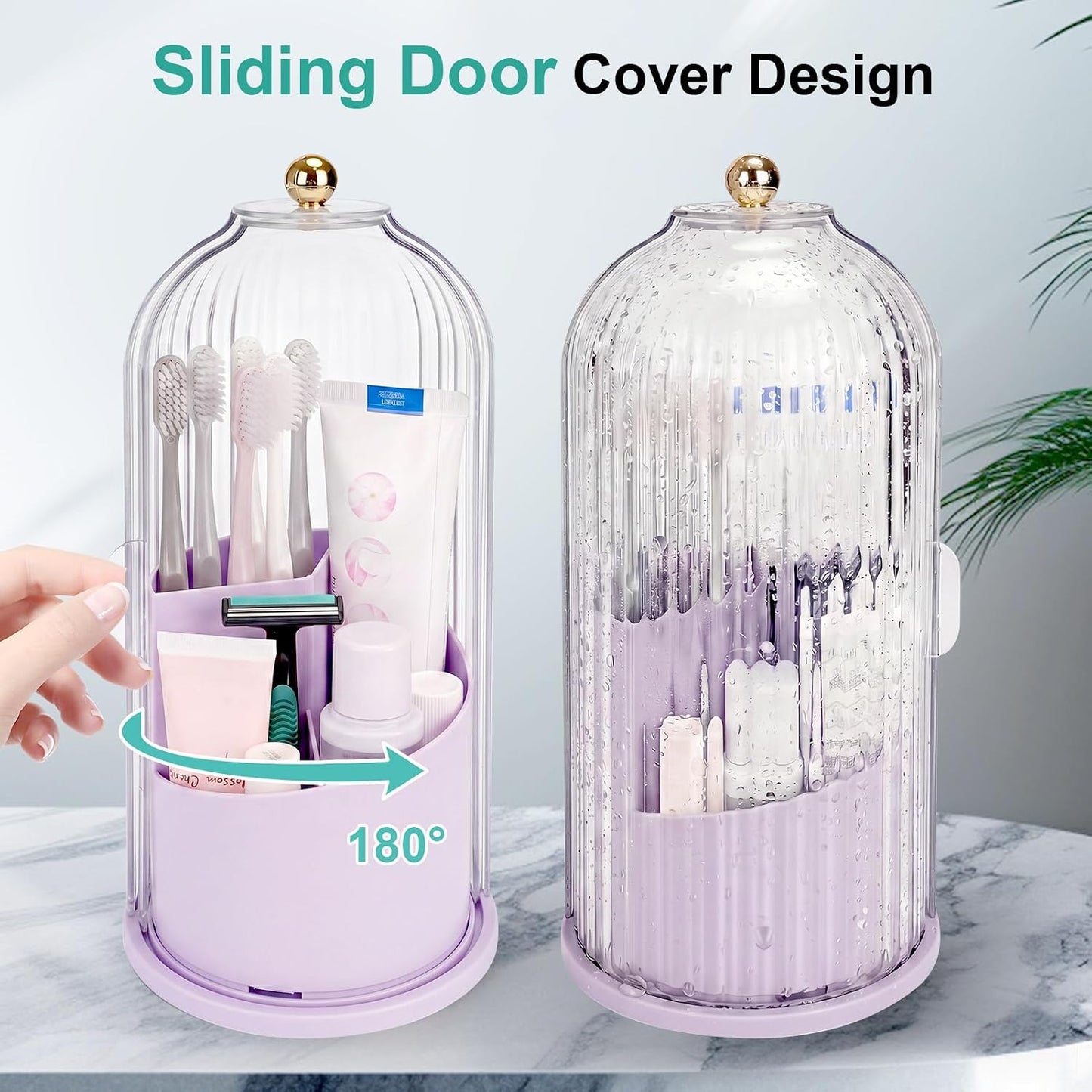 QIYVLOS Toothbrush Holders with Sliding Lid, Rotating 3 Slots Bathroom Organizer Countertop, Tooth Brush Toothpaste Holder Bathroom Counter Stand Sink Organizer Caddy for Vanity Makeup Brushes Holder