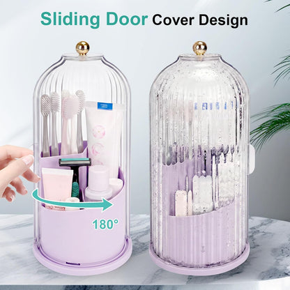 QIYVLOS Toothbrush Holders with Sliding Lid, Rotating 3 Slots Bathroom Organizer Countertop, Tooth Brush Toothpaste Holder Bathroom Counter Stand Sink Organizer Caddy for Vanity Makeup Brushes Holder