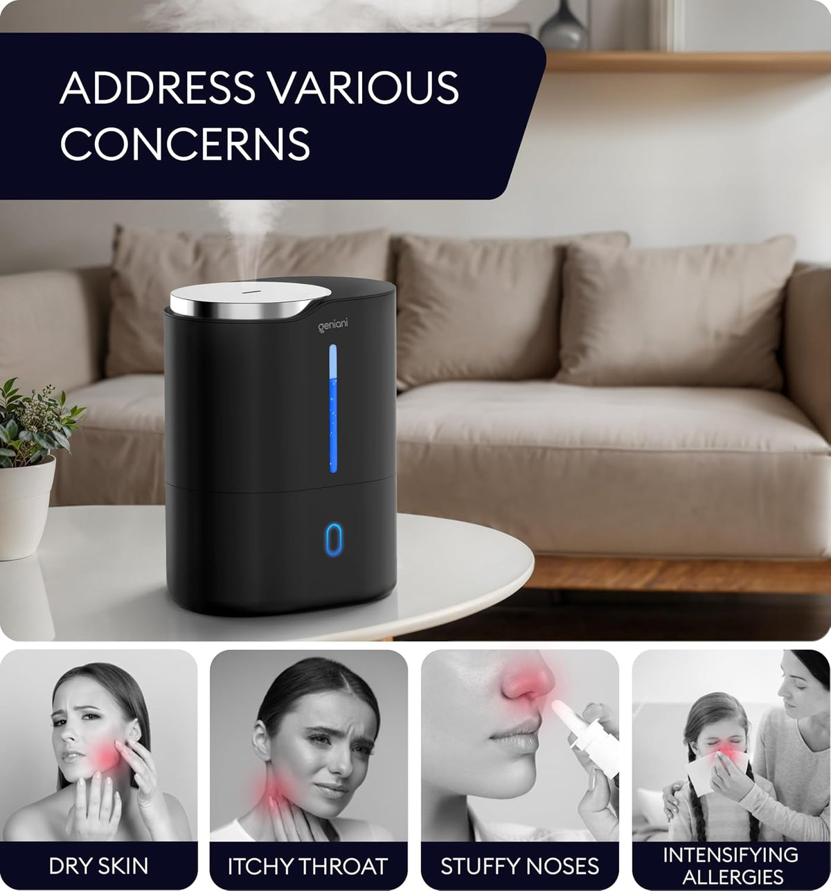 GENIANI Cool Mist Air Humidifiers for Bedroom, Plants, and Large Rooms - Quiet Humidifiers for Baby Room with Auto Shut Off & Night Light (3.9L, White)