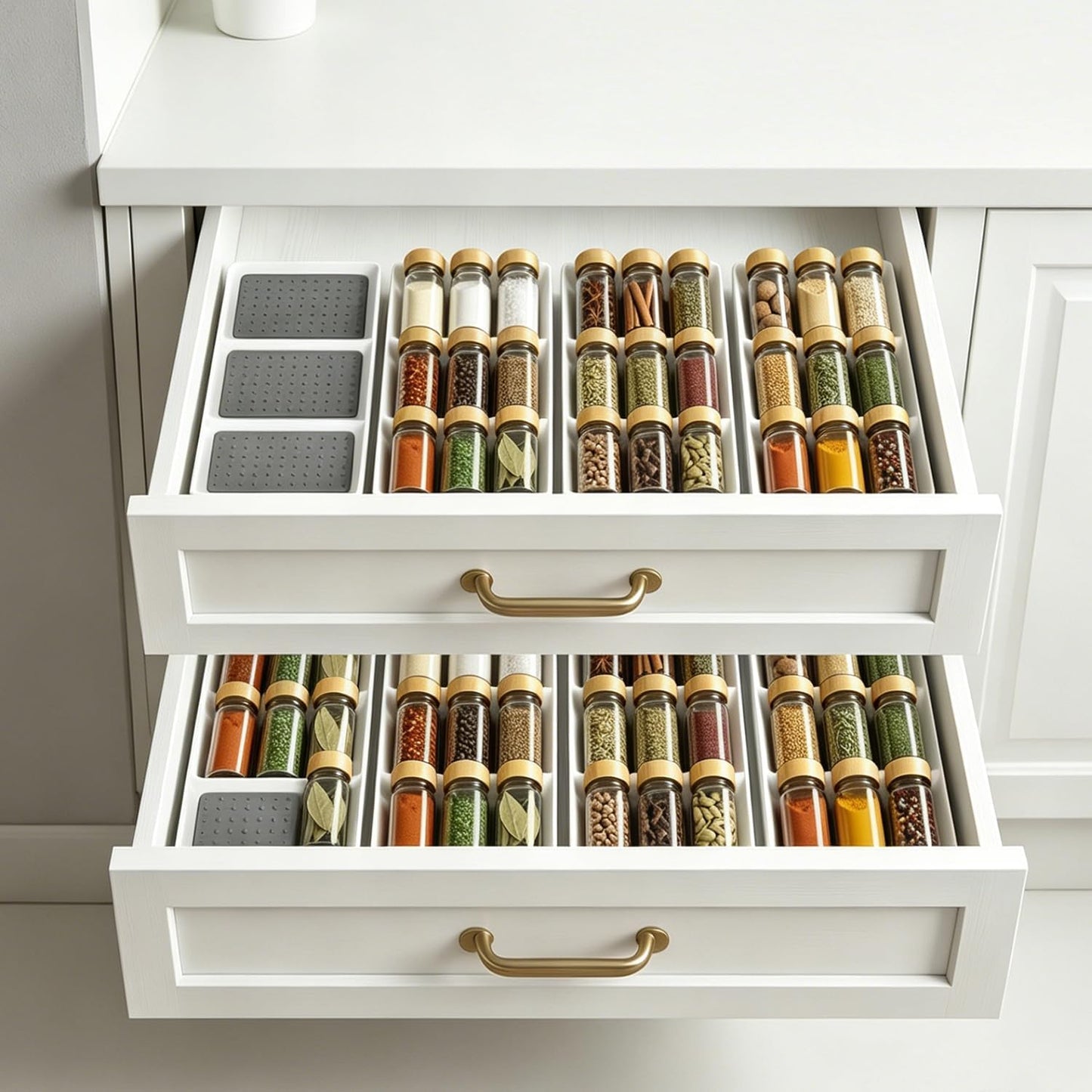 Small spice drawer organizer insert,1 pack,3 layer silicone non-slip mats, L15''xW5.6''xH2'',Kitchen drawers or countertops (jars not included),Expandable spice drawer organizer insert narrow