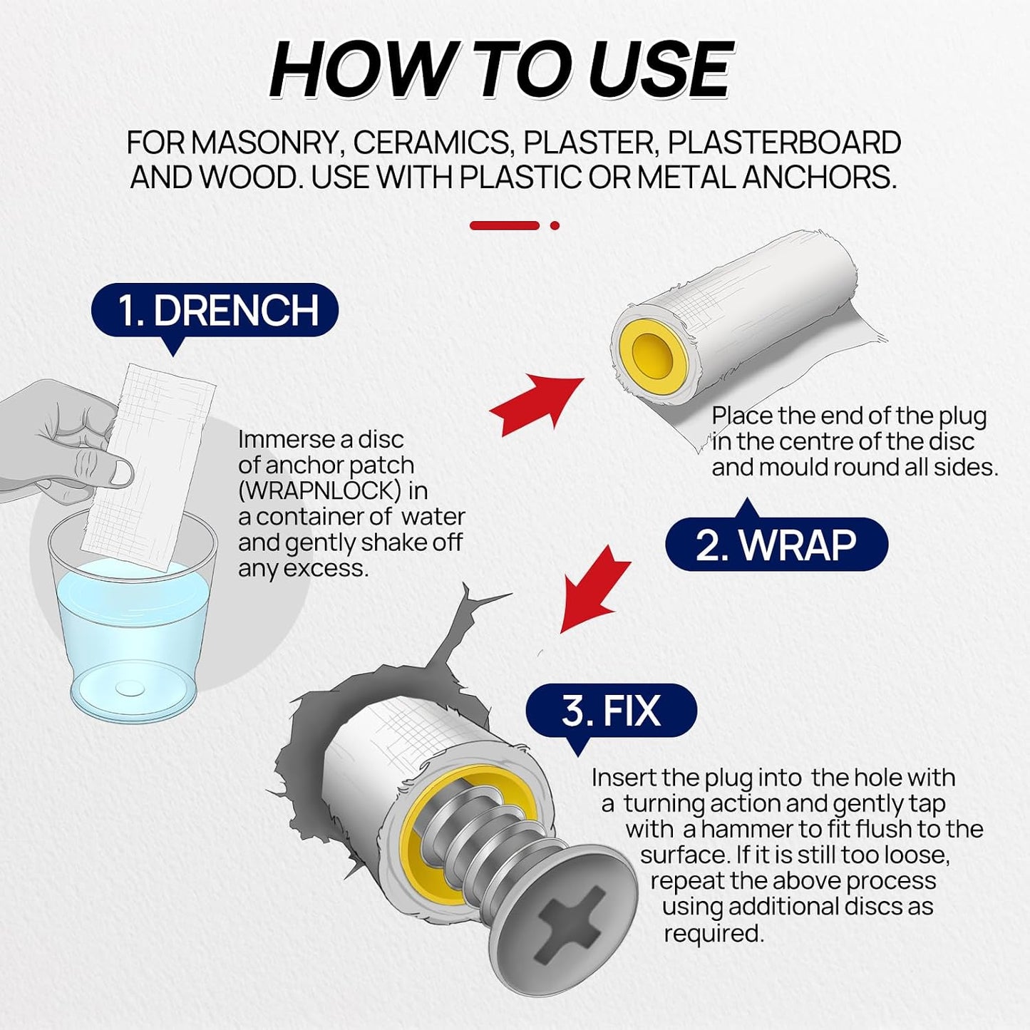 WRAPNLOCK Drywall Anchor Repair Kit - Fast Loose Anchor Fix | No Fill/Redrill. Includes 22 Patches, Screws, Anchors, Screwdriver & Gloves. Perfect For Home Fittings.
