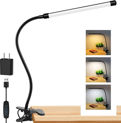 Clip on Desk Lamp with Clamp,Dimmable Eye Caring Book Reading Light for Bed | 54 LED 3 Color 10 Brightness, Push Button,USB Powered with Adapter, Flexible Gooseneck Clamp Lamp for Computer Workbench Nail