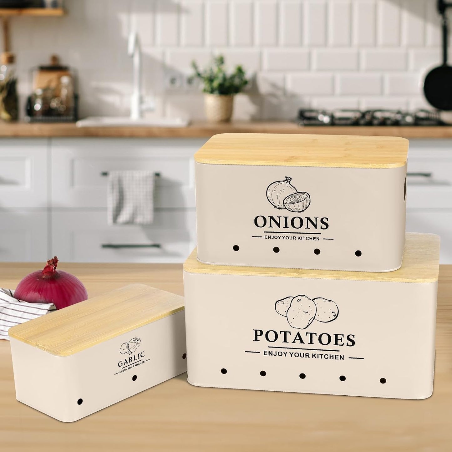 Kitchen Vegetable Storage Set of 3, Metal Onion Garlic Potato Storage Set, Kitchen Canisters Vegetable Keeper Containers with Aerating Holes and Bamboo Lid,Black