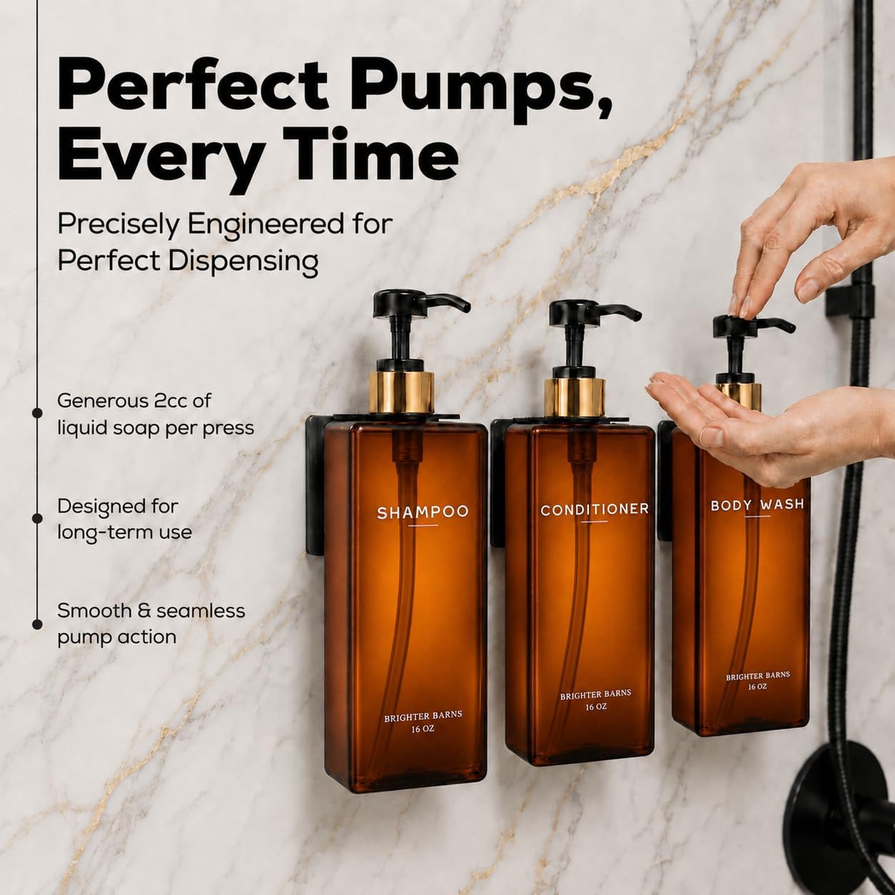 Clear Shampoo and Conditioner Dispenser Set Wall Mounted by Brighter Barns - Refillable Shower Soap Dispensers 3 Chamber No Drill - Plastic Shampoo, Body Wash and Conditioner Bottle for Hotels (Clear)