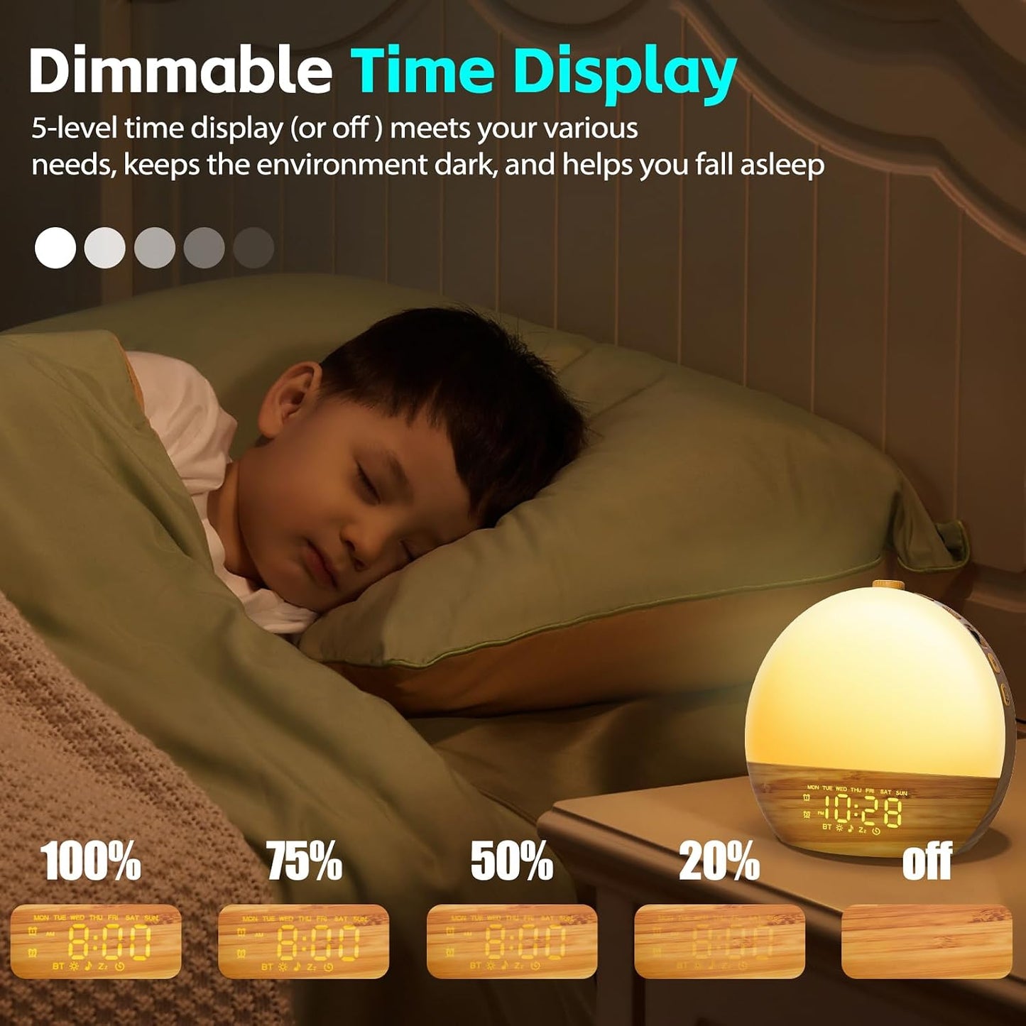 Geuuap Sunrise Alarm Clock White Noise Machine with Bluetooth Speaker,Khaki | 30 Soothing Sounds, 17 Dimmable lights, Simulated Sunrise, Backup Battery Memory, Auto-off Sleep Timer, Screen-Free Design