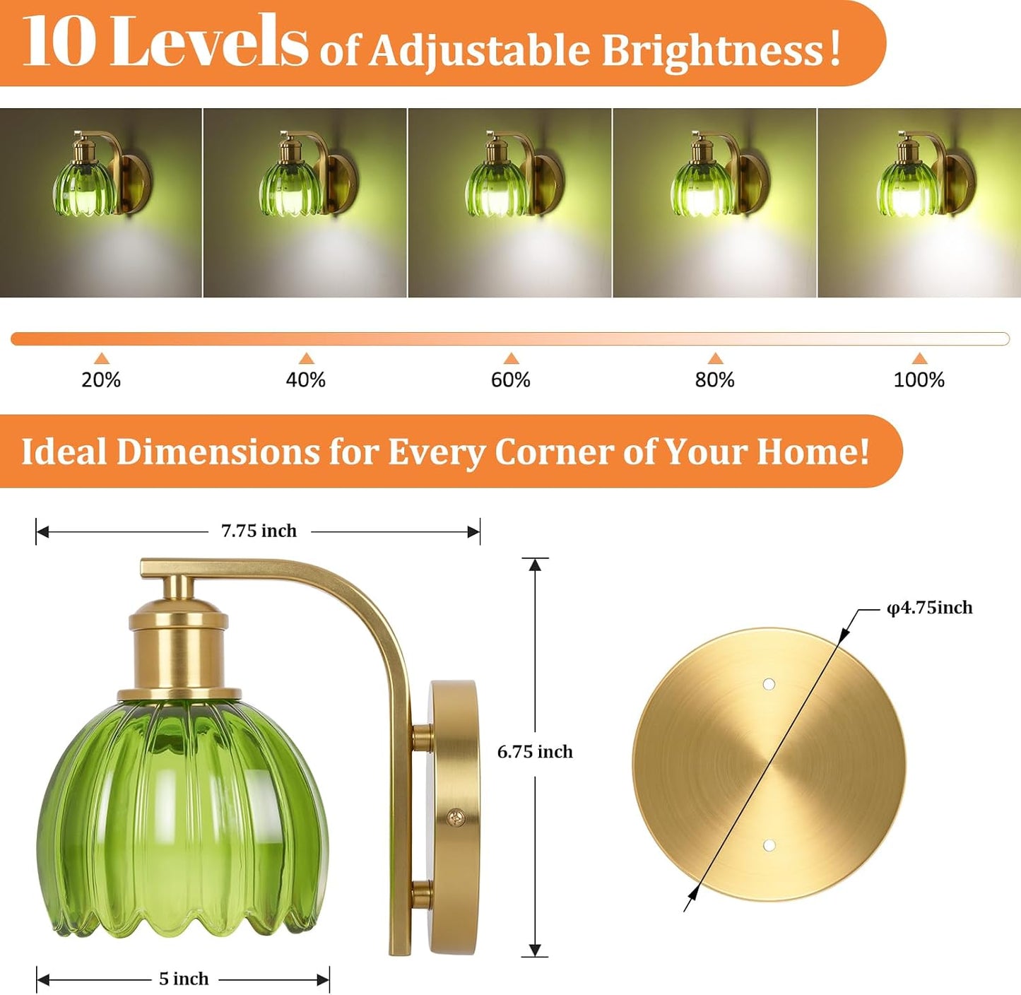 Rechargeable Battery Operated Wall Sconce Set of Two with Green Glass Lampshade, Wireless Battery Powered Wall Lamp with Remote Control, 15 Colors Gold Wall Light for Bedside Hallway Bedroom Doorway