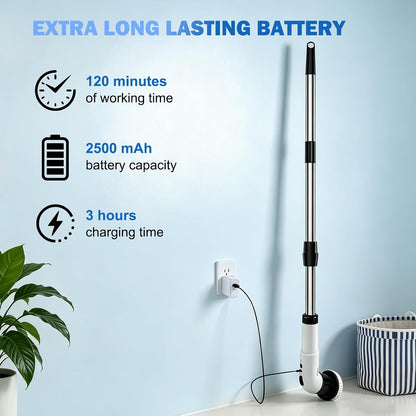 Electric Spin Scrubber, Cordless Shower Scrubber with 9 Scrub Brushes, 2 Speed & Battery Level Display, Adjustable Extension Handle Power Scrubber for Bathroom Tile Tub Floor