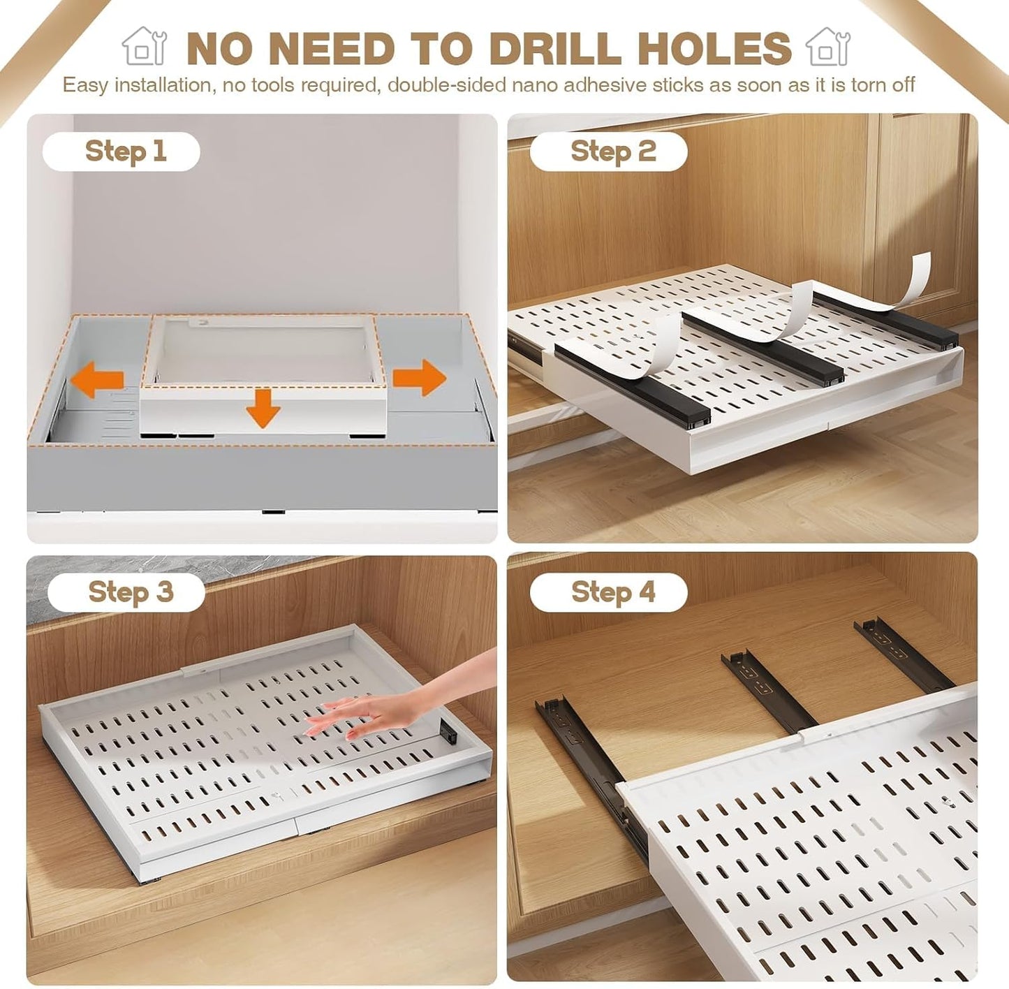 Seinloes Pull Out Cabinet Organizer, 4-Side Expandable to Fit Most Cabinets, 3 Rail Slide Out Drawers with Raising Pad for Framed & Frameless Cabinets, 13"-21" W x 17"-24" D, White, 2 Pack
