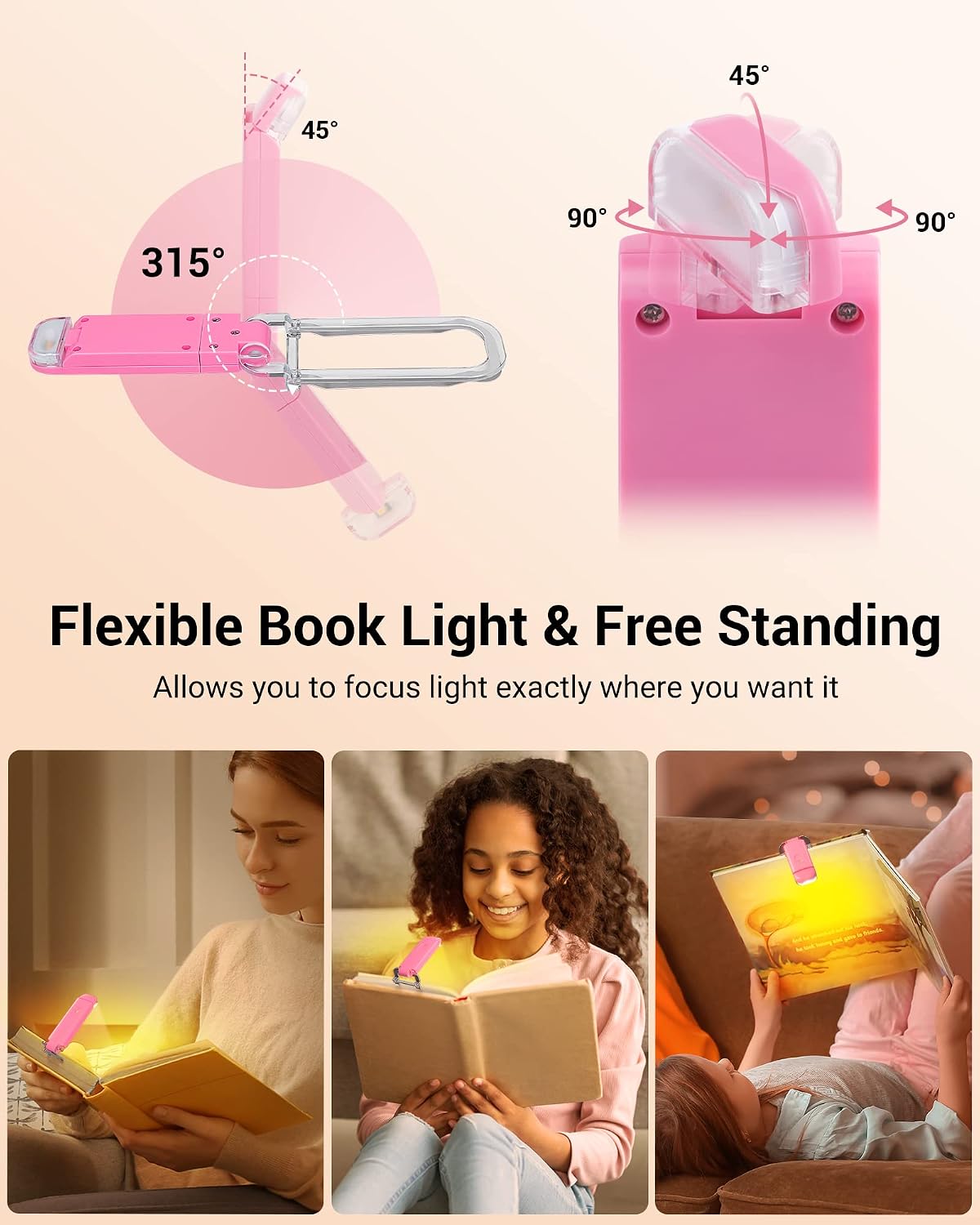 DEWENWILS Book Light, Amber Warm Clip On LED with 3 Adjustable Brightness for Eye Protection, Rechargeable USB Long Lasting Reading Light, Gifts for Bookworms, Kids (Black)