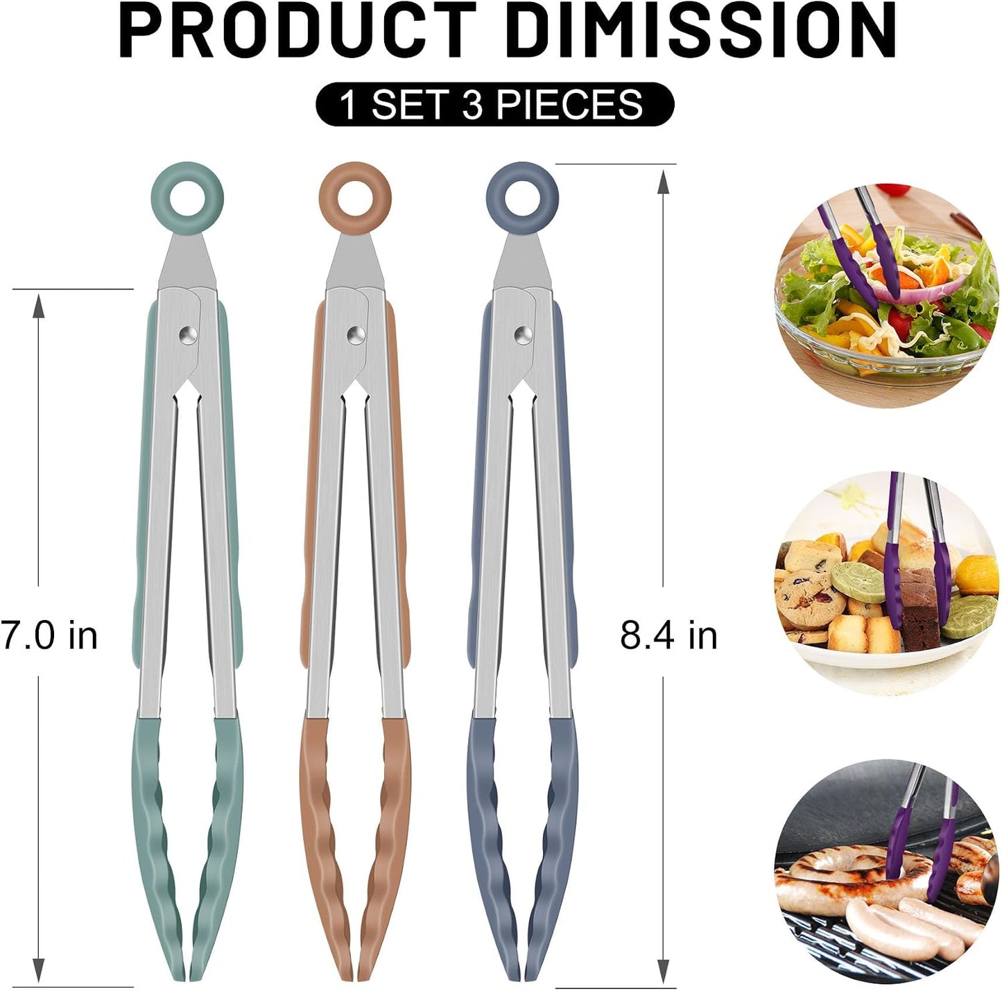 Hotec Mini Silicone Kitchen Tongs for Cooking - 7-Inch Small Serving Tongs with Silicone Tips, Set of 3 (Black,Grey,Light Blue)