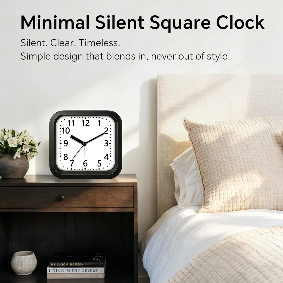 Loud Alarm Clock for Heavy Sleepers, 4.5" Simple Square Analog Alarm Clocks with Silent Movement Battery Operated Easy-to-Read Dial, Plastic Small Desk Clock for Bedroom Teens Seniors, Black
