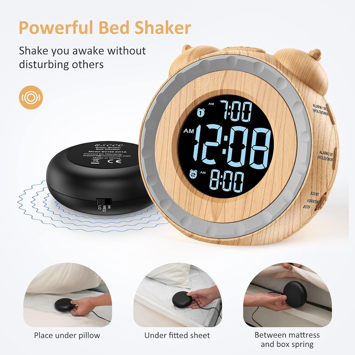 uscce Loud Dual Alarm Clock with Powerful Adjustable Bed Shaker