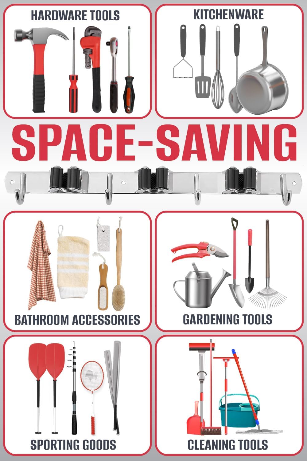 Mop and Broom Holder - Clear Cleaning Clutter and Reclaim Your Space | 5 Racks + 4 Hooks - Rust-Resistant Wall Organizer Holds Cleaning and Garden Tools Securely in Garages and Kitchens