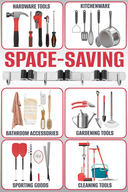 Mop and Broom Holder - Clear Cleaning Clutter and Reclaim Your Space | 5 Racks + 4 Hooks - Rust-Resistant Wall Organizer Holds Cleaning and Garden Tools Securely in Garages and Kitchens