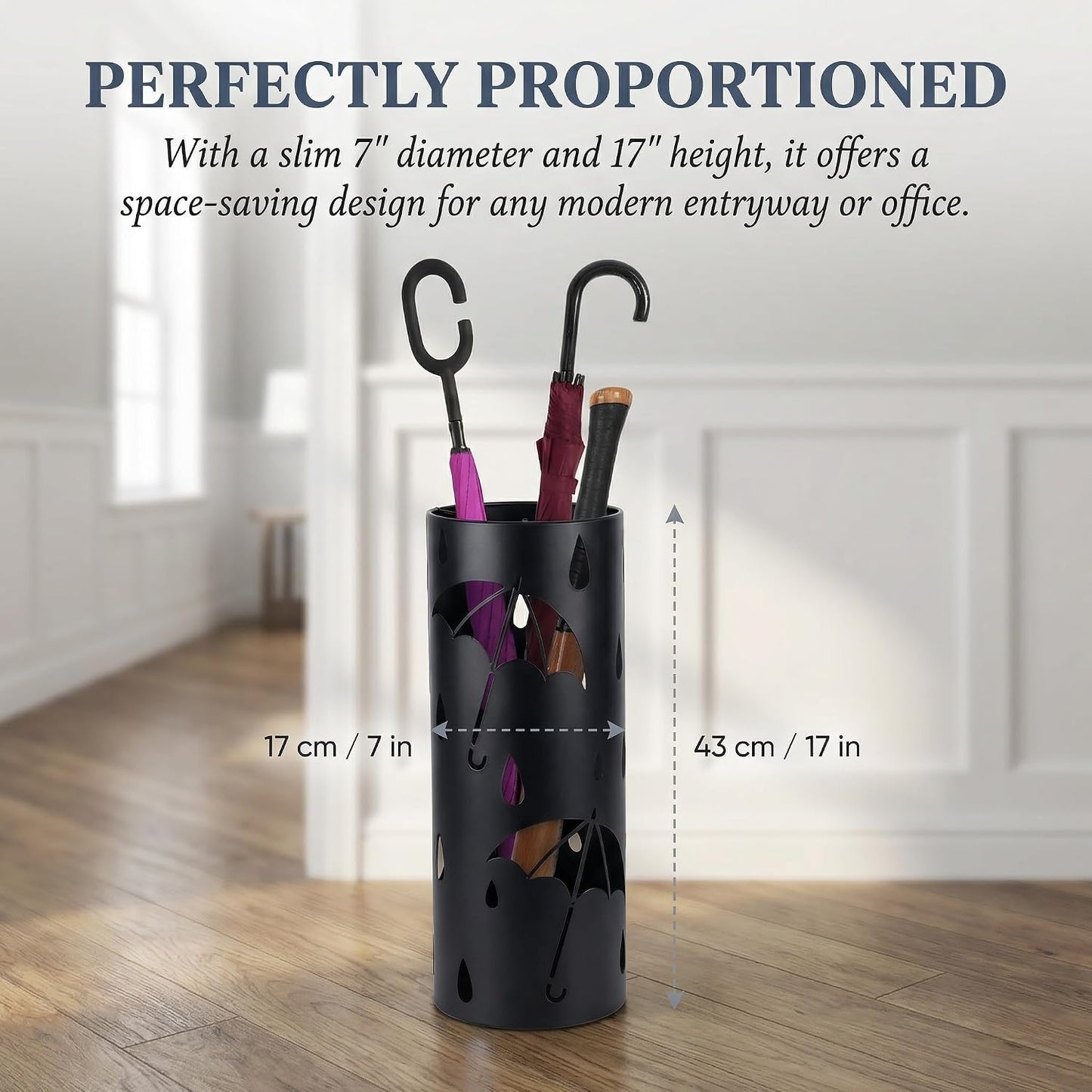 BEWBBAT Metal Umbrella Stand Rack for Entryway, Black Round Free Standing Umbrella Holder Organizer Bin with 3 Hooks for Walk Stick, Home Office Indoor, 17 x 7 Inch