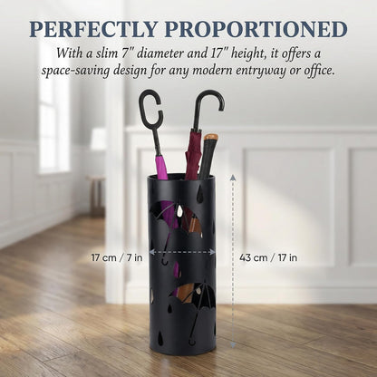 BEWBBAT Metal Umbrella Stand Rack for Entryway, Black Round Free Standing Umbrella Holder Organizer Bin with 3 Hooks for Walk Stick, Home Office Indoor, 17 x 7 Inch