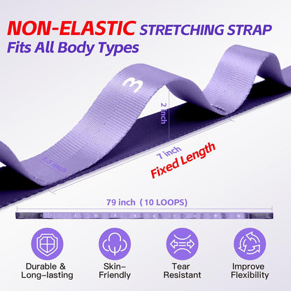 Non Elastic Stretching Strap with Loops - Yoga Straps for Physical Therapy, Durable Stretch Bands for Exercise, Flexibility Training, Hamstring & Leg Stretcher, Yoga/Pilates/Gymnastics