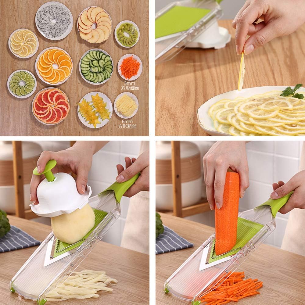 V-Blade Mandoline Slicer 0.06/0.10/0.14 Inch Adjustable Thin slice Lemon Slicer Kitchenaid Accessories Grater 420 Stainless Steel Food Fruit Vegetable Slicer with Finger Guard Protector (Green)