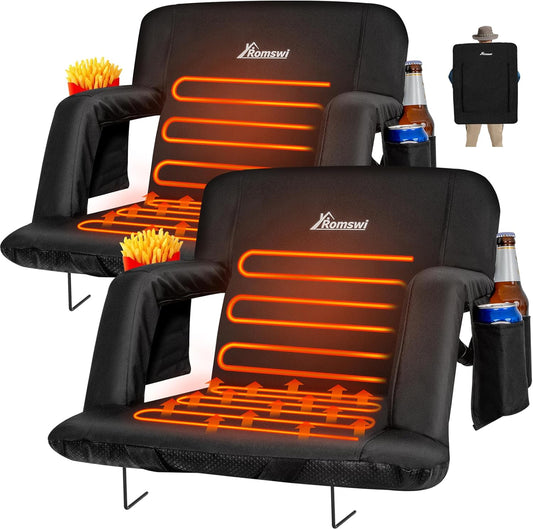 2PK 21in Extra Wide Dual-Zone Heated Stadium Chairs for Bleachers with Back Support,3-Level Heating Foldable Bleacher Chair, 6 Reclining Positions, 5 Pockets, Buckle & Hooks Fasten for Outdoor