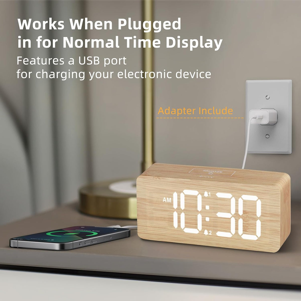 uscce Wooden Digital Alarm Clocks for Bedrooms with 0-100% Dimmable Display