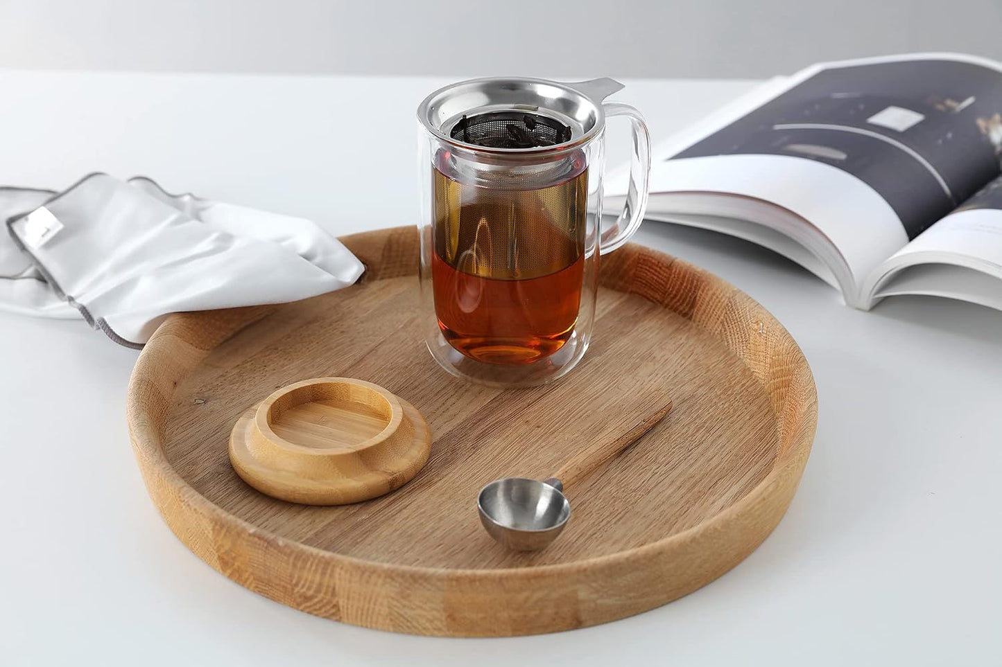 VIVA Minima Balance Glass Infuser Tea Cup - 17 oz / 500 ml Mug with Stainless Steel Infusion Mesh and Bamboo Wood Lid