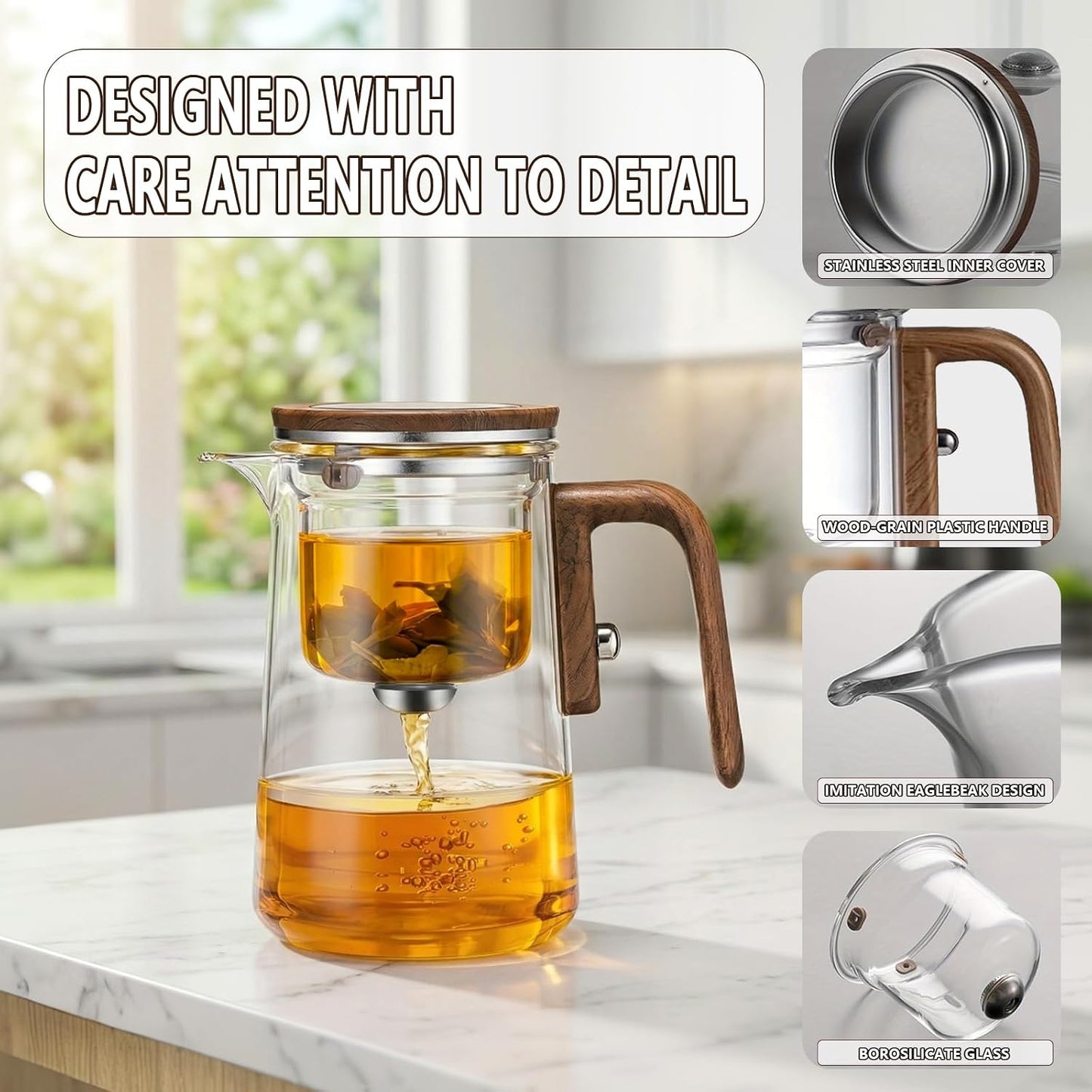 TeSabMi Magnetic Glass Teapot with Infuser, 27 oz, One-Touch Brewing | Heat-resistant borosilicate glass, detachable infuser and controlled tea separation for loose leaf, herbal and blooming tea