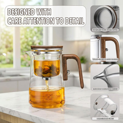 TeSabMi Magnetic Glass Teapot with Infuser, 27 oz, One-Touch Brewing | Heat-resistant borosilicate glass, detachable infuser and controlled tea separation for loose leaf, herbal and blooming tea